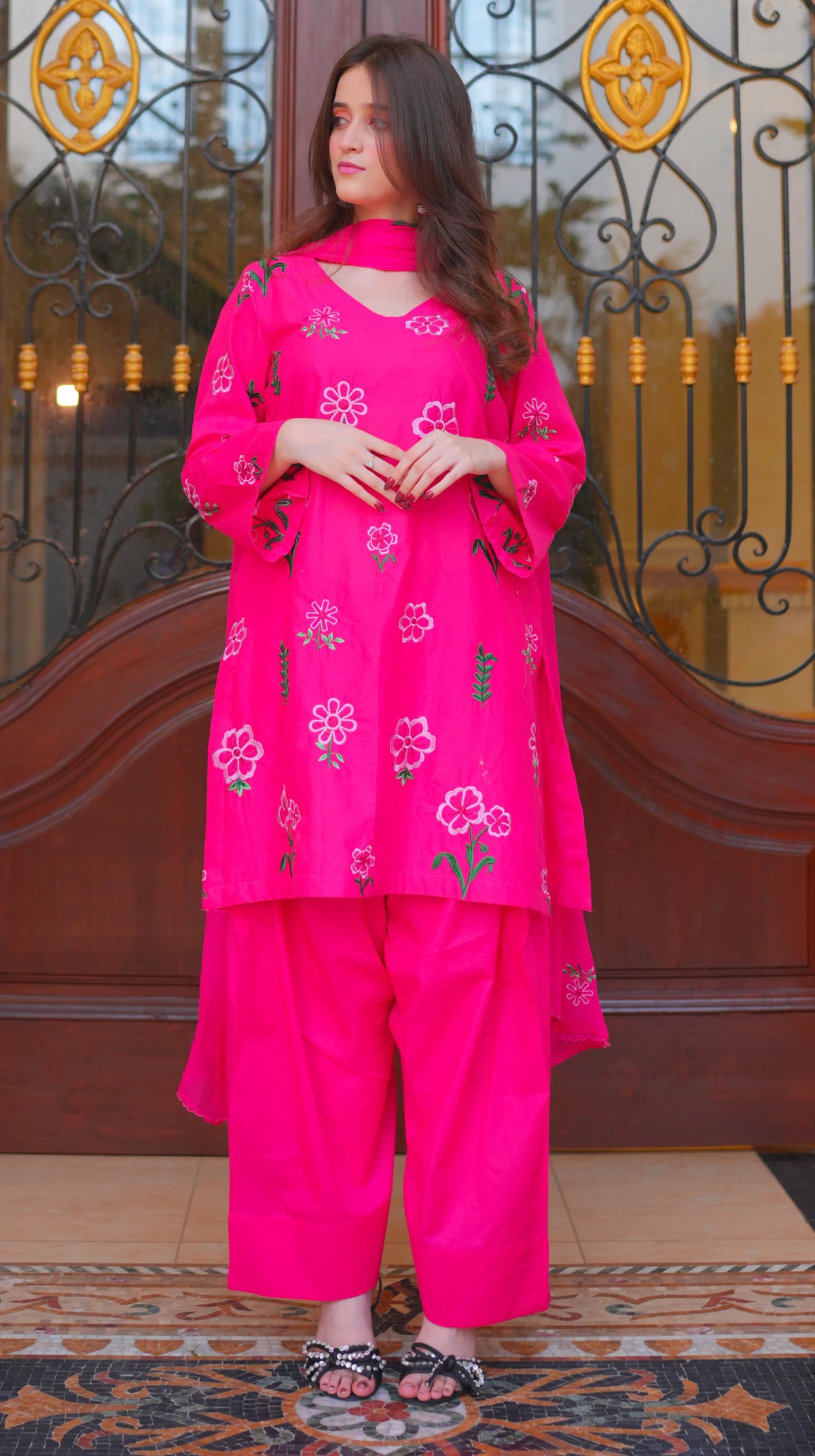 3 Piece Dotted Pink Embroidered Suit